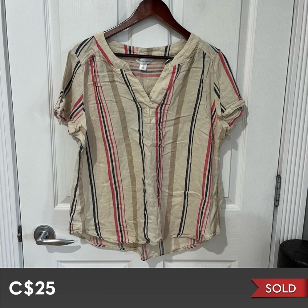Christopher & Banks Boho Striped Cream Top Blouse Shirt Bow Tie Up Sleeve Arts L - Picture 7 of 7